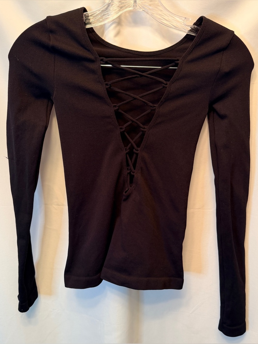 Intimately Free People Size XS/S Ribbed Long Sleeve Top Cross Strap Back Black